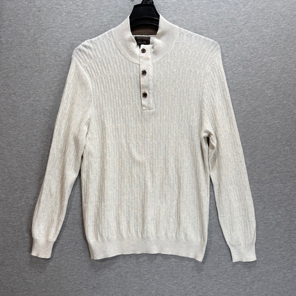 Tasso Elba Henley Sweater Mens L Beige Supima Cotton Mock Neck Ribbed Knit
